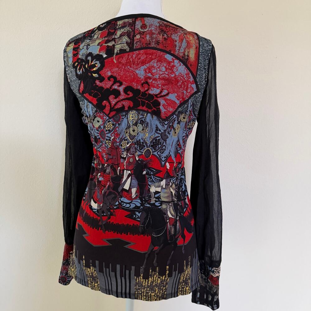 Vintage Save The Queen Samurai Graphic Mesh Top Y2K Italian Grunge Art to Wear - Picture 2 of 8